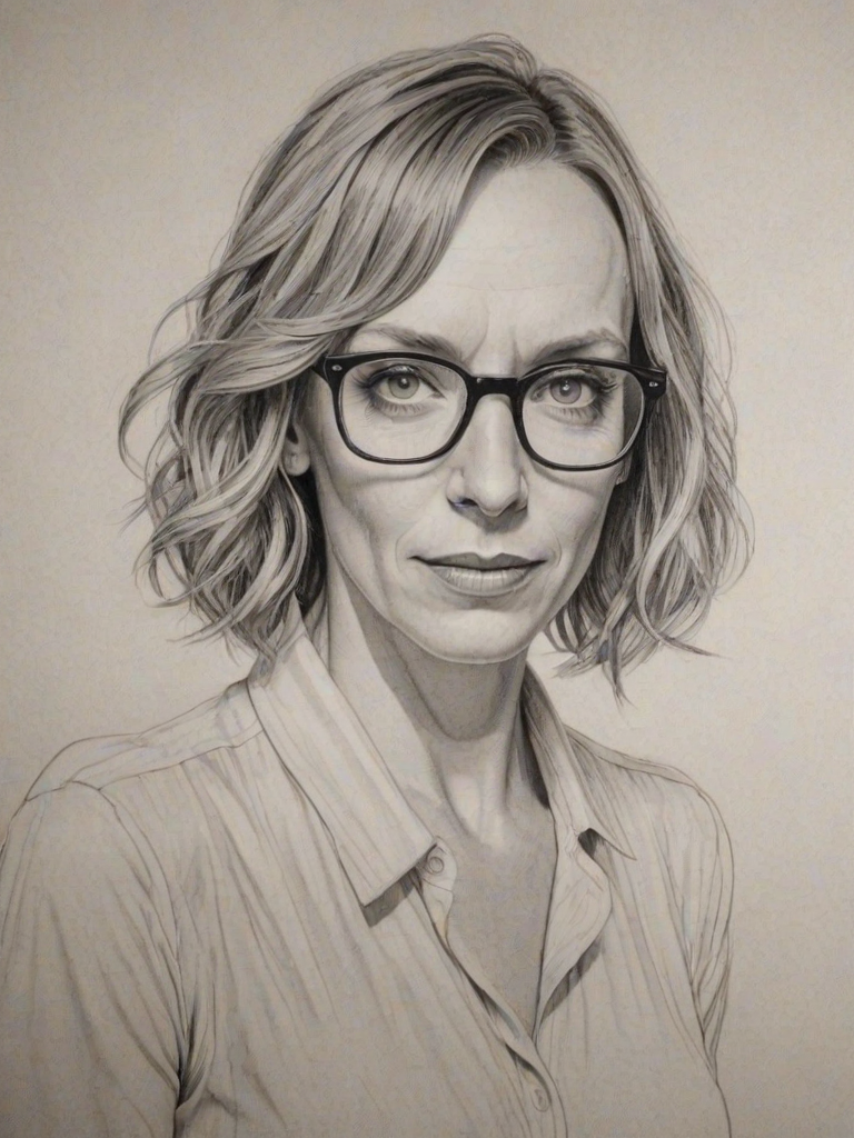 Fetching Toni Collette, pencil sketch, portrait of Splendid woman 1925s in glasses, hair style beatnik, outline, clear lines, fine lines, 8k