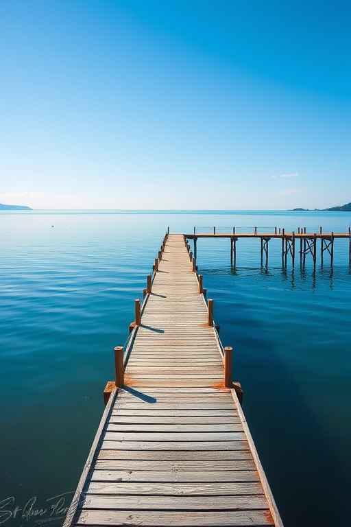 Capture a serene water landscape featuring a long, solitary pier extending into a calm lake with a clear blue sky, using a DSLR camera with a 24mm lens, aperture set to f/8, ISO 100, and a shutter speed of 1/125 sec for enhanced clarity and detail.