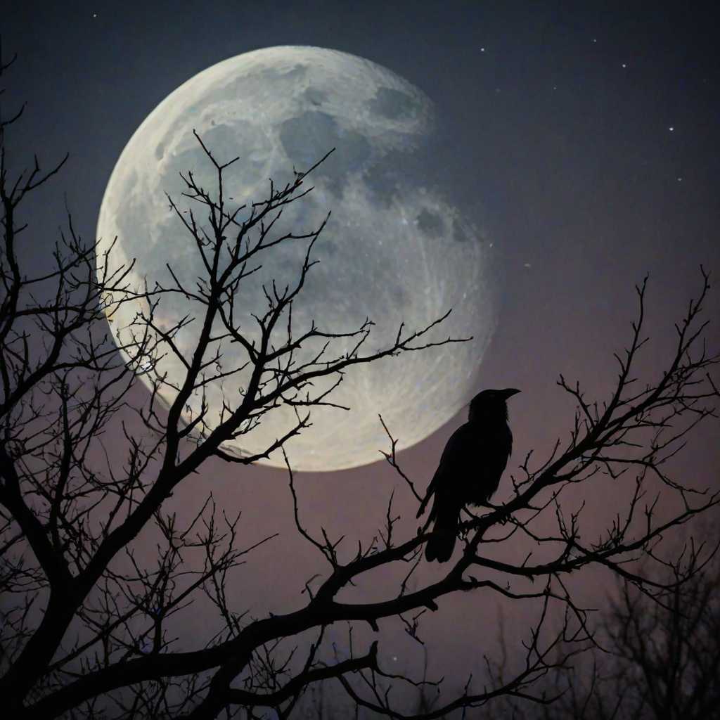 A fantastical photo featuring the silhouette of a crow perched on the branches of a tree, set against the backdrop of a large, luminous moon. Incorporate fantasy elements into the posture of the crow and the shape of the branches, depicting a mysterious scene illuminated by the moonlight on a tranquil night. Use warm tones to enhance the cozy atmosphere of this enchanting and elegant scene. insanely detailed, High contrast and low saturation.