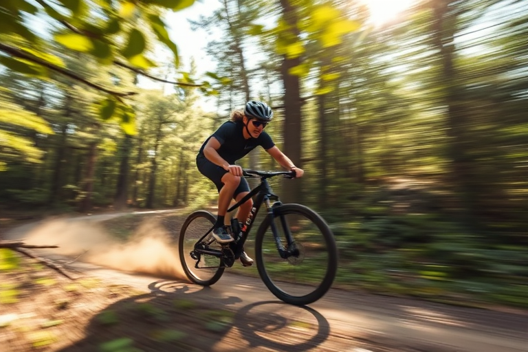 Blurry action photo of a cyclist speeding through a forest trail, leaves and branches blurring in motion, with soft sunlight filtering through the canopy and dust rising from the trail.