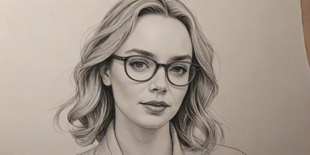 Fetching Jodie Comer, pencil sketch, portrait of Delightful woman 1979s in glasses, hair style beatnik, outline, clear lines, fine lines, 8k