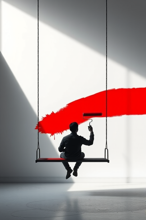 Create a digital illustration of a minimalistic scene featuring a silhouette of a person painting a large red vertical stripe on a white wall, using a roller while sitting on a swing, with high contrast colors, shot with a DSLR camera at f/2.8, 50mm lens, with overhead lighting and a focus on sharp details.