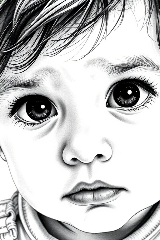 A hyperdetailed photorealistic black and white sketch of a beautiful toddler with deep black eyes, with a macro focus