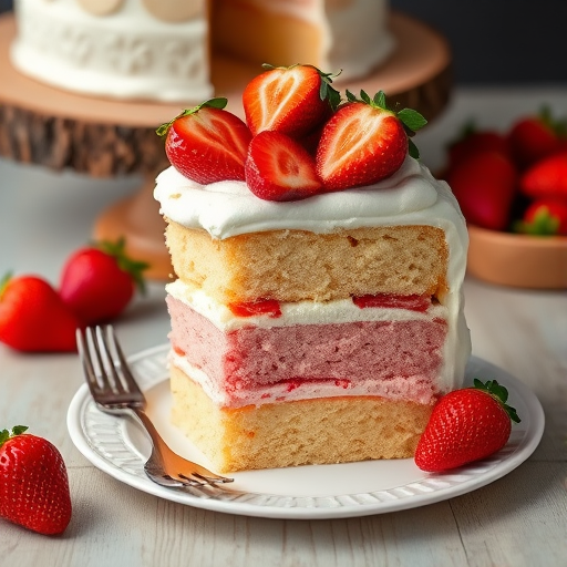 A delicious layered cake with pink and yellow sponge layers, topped with white frosting and garnished with fresh strawberries, served on a decorative white plate with a fork beside it. The background features a rustic wooden cake stand and additional strawberries.