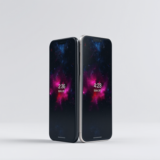 Create a high-resolution image of a sleek black and white smartphone standing back-to-back with a vibrant galaxy wallpaper on the screens, using a DSLR camera with a 50mm lens, aperture set to f/2.8 for a shallow depth of field, ISO 100, and a 1/200s shutter speed, shot from a slightly elevated angle to emphasize the design.