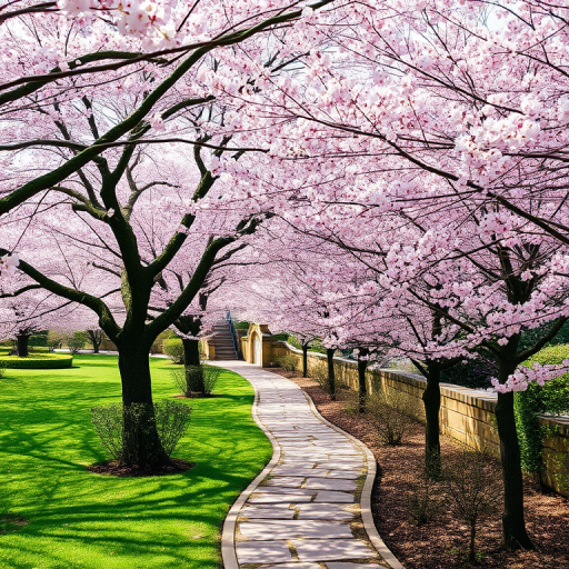 regenerate a serene garden scene featuring cherry blossom trees in full bloom along a winding stone path, captured with a DSLR camera at f/8 aperture, ISO 100, 1/200 shutter speed, using a wide-angle lens with soft natural lighting to enhance details and colors.
