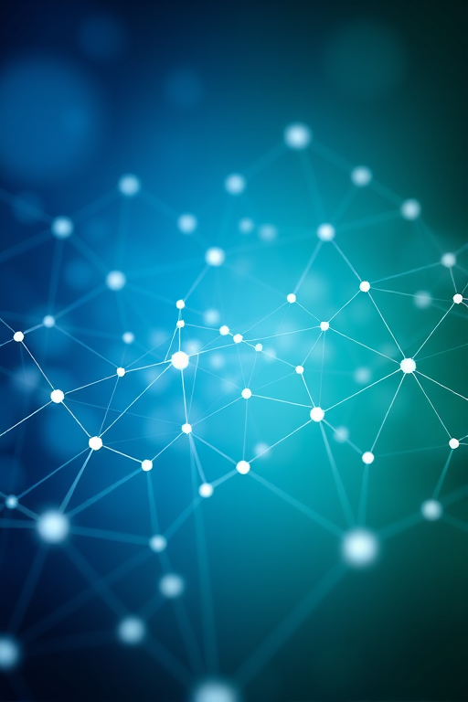 Abstract geometric network design featuring interconnected lines and dots with a gradient background transitioning from blue to green, captured with a DSLR camera at f/8 aperture, ISO 100, 1/250s shutter speed, wide-angle view, soft focus style for enhanced depth and clarity.