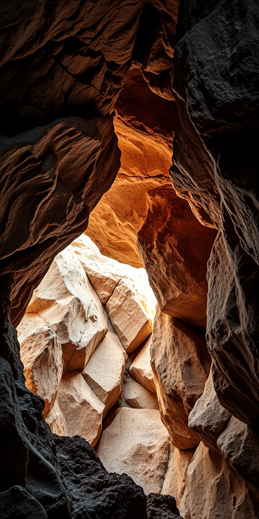 Create a high-resolution image of a deep cave opening, overhead view, using a DSLR camera set to f/8 aperture, ISO 100, 1/200 sec shutter speed, with natural light to emphasize textures and shadows in the rocky surroundings.