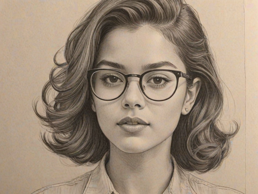 Wonderful Isabela Moner, pencil sketch, portrait of Appealing woman 1951s in glasses, hair style beatnik, outline, clear lines, fine lines, 8k