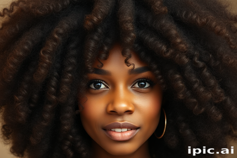 Voluminous curly afro with rich chocolate brown hues, perfectly defined coils framing the face, celebrating natural texture and embracing cultural heritage