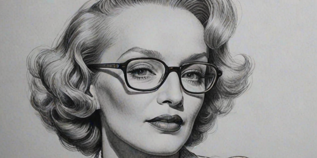 Captivating Marlene Dietrich, pencil sketch, portrait of Bewitching woman 1955s in glasses, hair style beatnik, outline, clear lines, fine lines, 8k