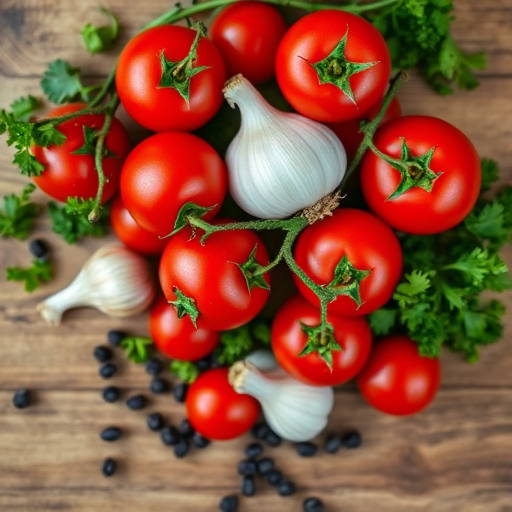 a vibrant arrangement of fresh red tomatoes, garlic, and parsley on a wooden table with scattered peppercorns, taken with a Canon EOS R5 at 50mm, f/1.8, ISO 100, natural light, top-down view, shallow depth of field