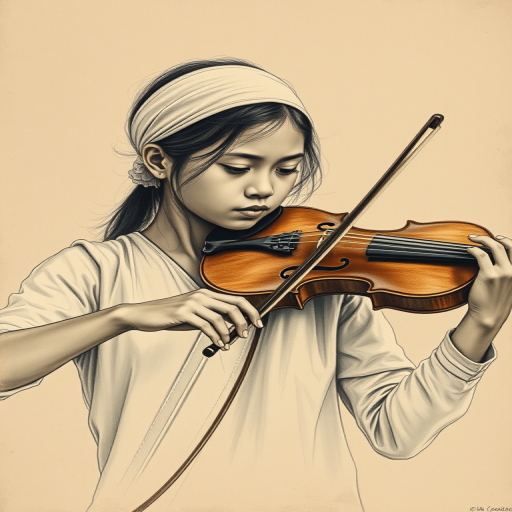 a young Burmese woman with a white headband playing a violin, in the style of a charcoal drawing, sepia grunge background