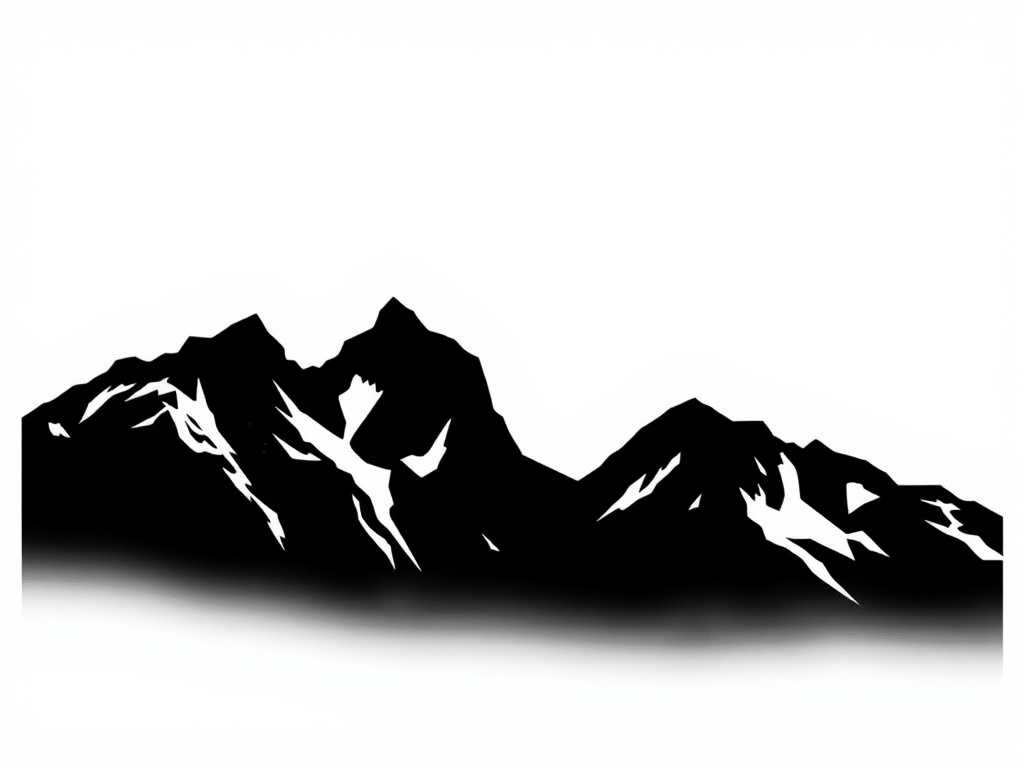 Create a high-resolution image of a minimalistic black silhouette of a mountain range against a white background, using a DSLR camera with a 50mm lens, aperture set to f/1.8, ISO 100, and a shutter speed of 1/250s to capture sharp details and smooth gradients.