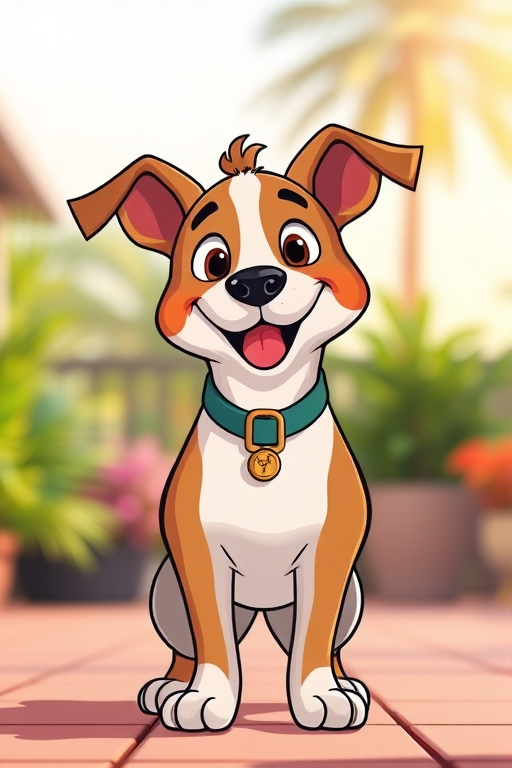 Create a vibrant, cartoon-style illustration of a friendly dog standing confidently, captured with a Canon EOS R5, 50mm lens, f/2.8 aperture, ISO 100, in a bright outdoor setting with natural lighting and a slightly blurred background to enhance focus on the dog.