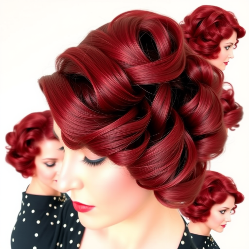 Retro Pin-Up Victory Rolls styled in a rich cherry red hue with subtle black lowlights creating depth and dimension in perfectly sculpted vintage-inspired curls