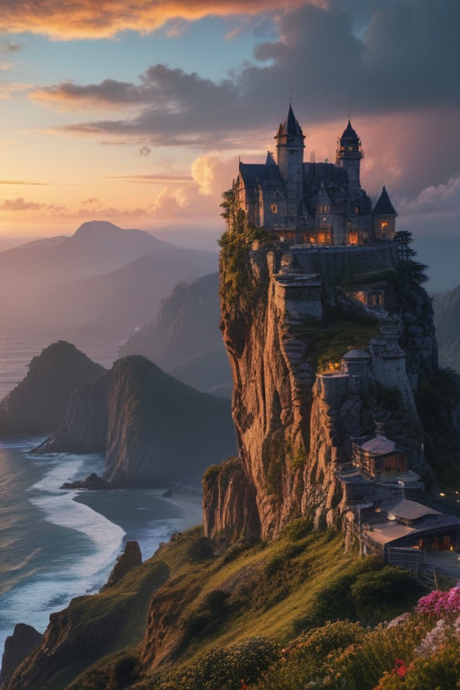 Majestic Castle Perched on a Cliff Overlooking the Serene Ocean Sunset