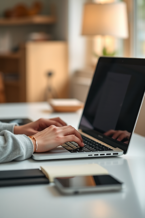 A focused shot of a person typing on a laptop with a clean desk, using a shallow depth of field to blur the background, captured with a Canon EOS R5 at 50mm f/1.8, ISO 200, f/2.8, natural light for a warm ambiance.