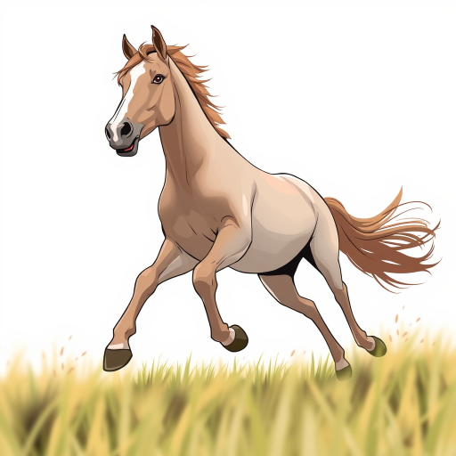 A dynamic illustration of a galloping horse captured from a low angle, with a shallow depth of field to create a soft background, using a DSLR camera at f/2.8, ISO 200, and a shutter speed of 1/1000 sec for high clarity and detail.