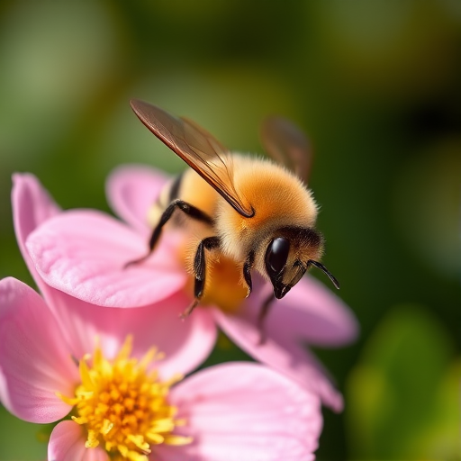 macro shot of a bee on a pink flower with detailed textures, soft natural lighting, shallow depth of field, aperture f/2.8, ISO 200, shutter speed 1/250s, DSLR camera, 100mm lens, focus on the bee with a blurred background.