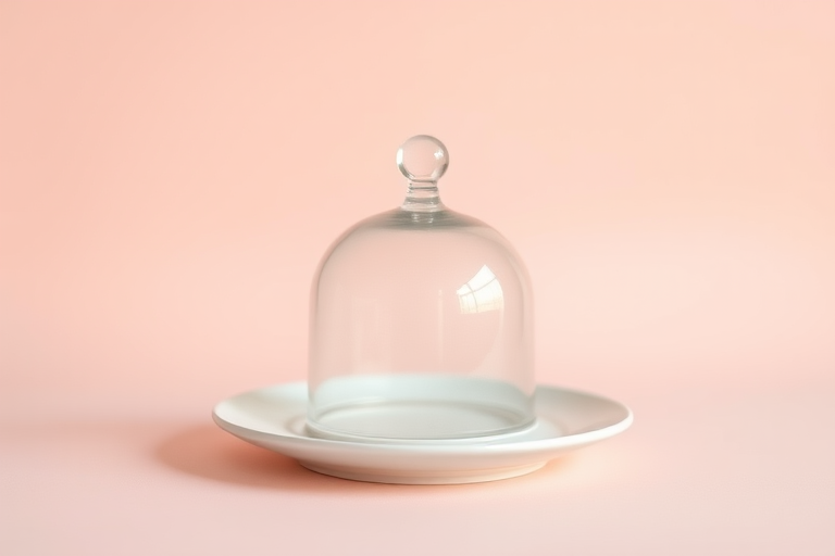 Create a minimalist image of a cloche on a plate against a soft pastel background, using a Canon EOS R5 with an f/4 aperture, 1/125 shutter speed, ISO 100, and a 50mm lens, ensuring a clean and sharp focus with a slight bokeh effect in the background.