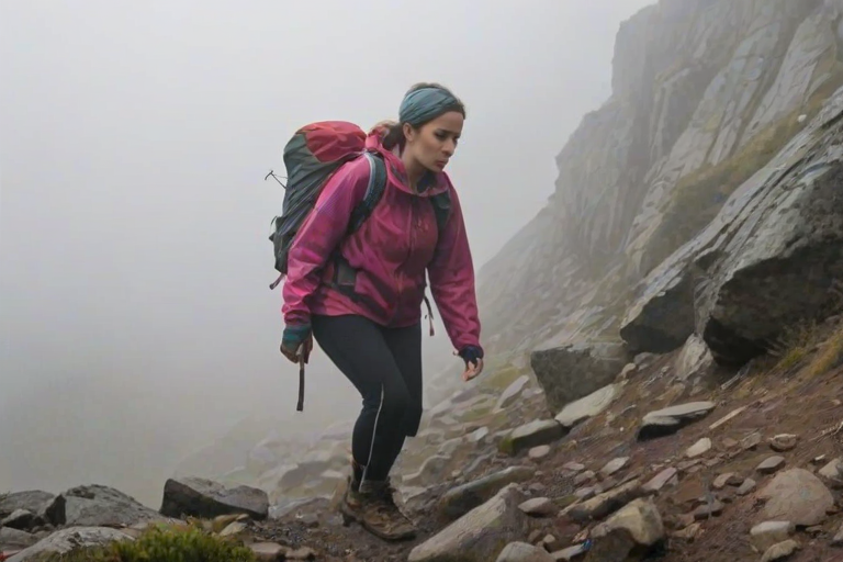 Foggy mountain trail, with dense mist obscuring the peak, a woman in hiking boots and a windbreaker navigates the rocky path, her determination evident in her focused expression.
