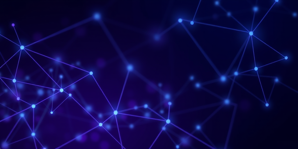 Abstract digital background with interconnected lines and nodes, featuring a gradient of dark purple and blue colors, captured with a Nikon D850, aperture f/8, ISO 100, 24mm focal length, using a high dynamic range imaging style.