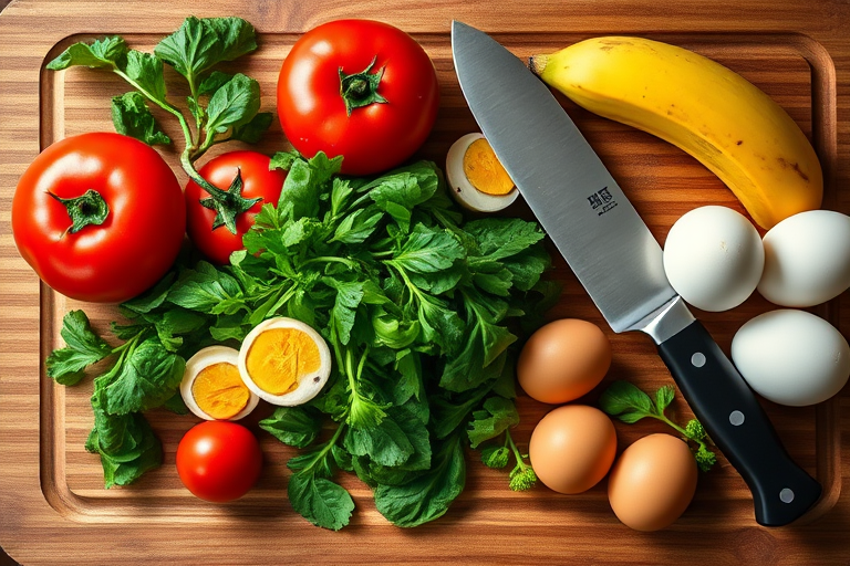 A vibrant, high-resolution image of fresh ingredients including whole tomatoes, arugula, sliced banana, and various eggs arranged on a wooden cutting board with a sharp chef's knife, captured with a DSLR camera at f/2.8 aperture, 1/100 sec shutter speed, ISO 200, taken from a top-down perspective, with natural lighting to enhance colors and textures.