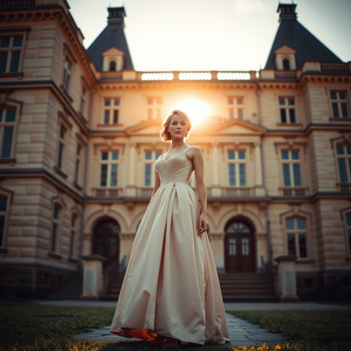 An elegant woman, dressed in a vintage gown, stands in front of a grand, historic building. The setting sun casts a warm, golden light on her