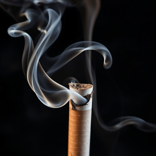 Regenerate an image of a cigarette with smoke swirling above it, using a DSLR camera, aperture f/2.8, ISO 100, 50mm lens, shooting from a top-down view to enhance details and contrast.