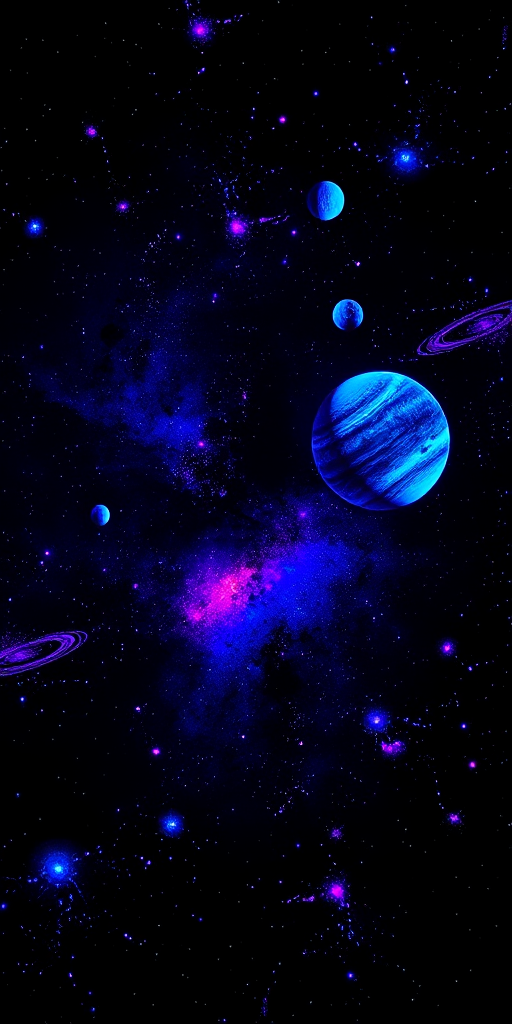 Blacklight reactive space scene covering full back, planets and nebulae glowing vividly under UV light, otherwise subtle gray tones