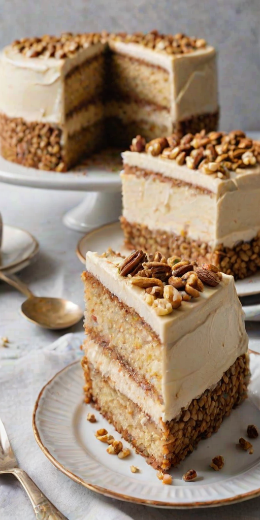 Generate an image of a layered cake with a rich frosting, topped with crushed nuts. The cake should have several visible layers, and a slice should be served on a plate, showcasing the inside. The background should be a light, neutral color to highlight the cake's details.