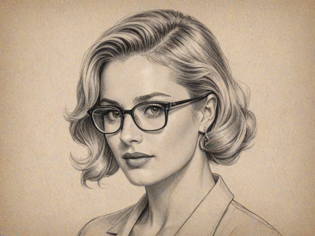 Elegant Diana Agron, pencil sketch, portrait of Stunning woman 1950s in glasses, hair style beatnik, outline, clear lines, fine lines, 8k