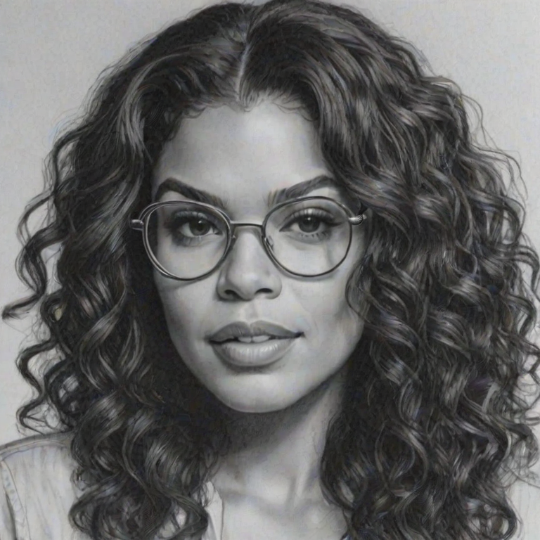 Stunning Jordin Sparks, pencil sketch, portrait of Beauteous woman 1976s in glasses, hair style beatnik, outline, clear lines, fine lines, 8k