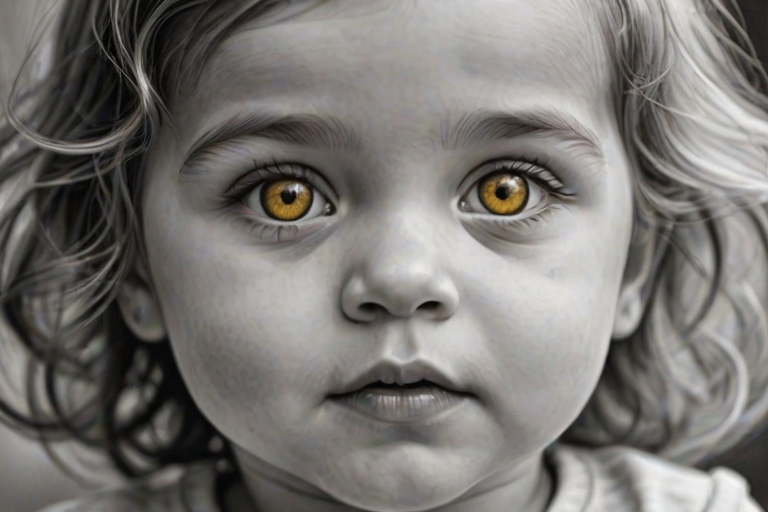 A hyperdetailed photorealistic black and white sketch of a beautiful toddler with deep Yellow eyes, with a macro focus