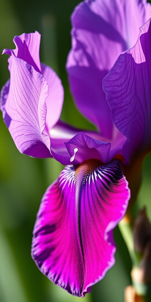 macrophotography of a vibrant purple iris flower with intricate details and textures, shot with a Canon EOS R5 at f/2.8, ISO 100, 100mm lens, with soft natural lighting and a blurred background for depth.