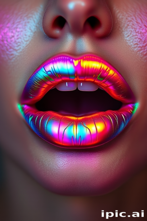 Dazzling holographic lips shift colors with every movement, creating a mesmerizing rainbow effect that captivates viewers and pushes the boundaries of lip artistry