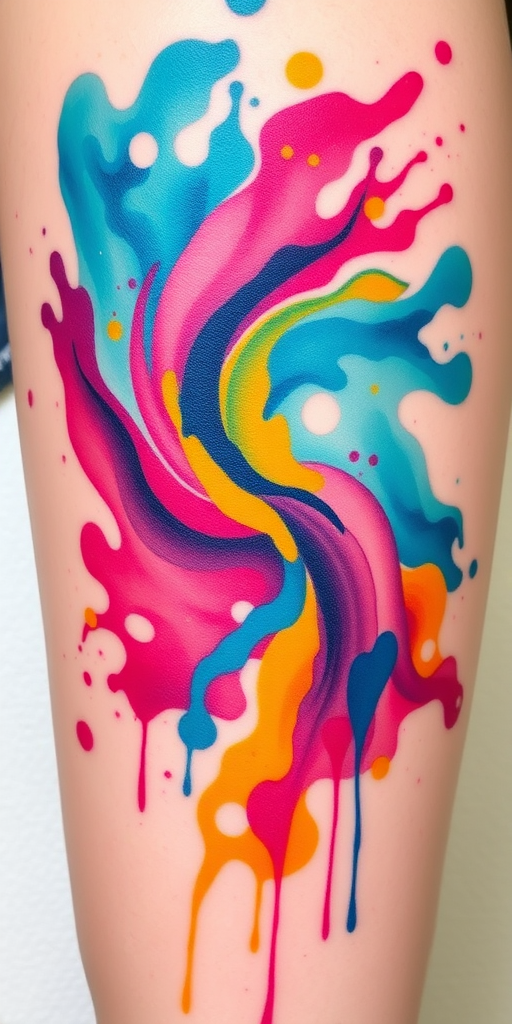 Vibrant watercolor splash tattoo named "Chromatic Cascade" featuring a mesmerizing blend of turquoise, magenta, and sunflower yellow hues swirling together in an abstract pattern resembling a flowing river, with delicate splatters and drips creating a sense of movement and spontaneity across the skin, perfect for those seeking a bold and artistic expression of color and fluidity in their body art