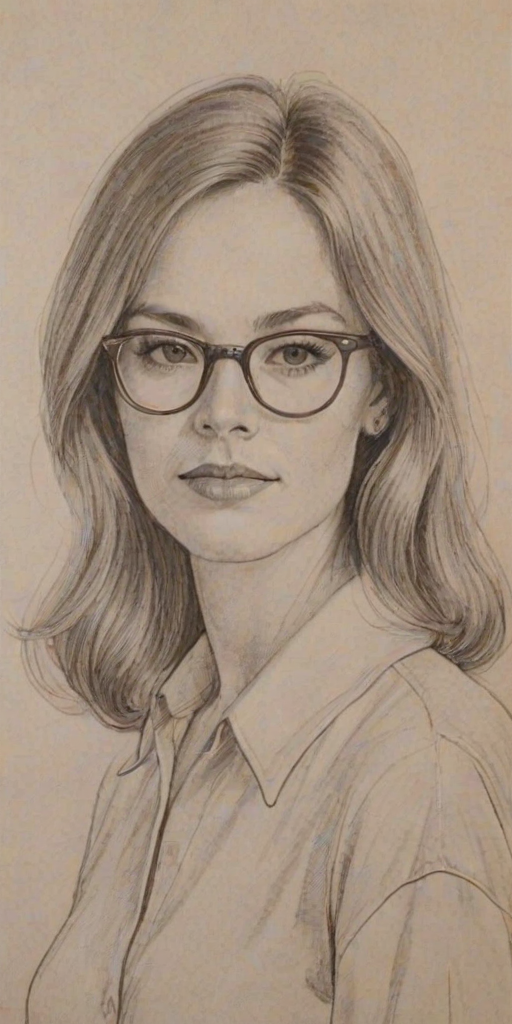 Charming Diane Wiest, pencil sketch, portrait of Attractive woman 1970s in glasses, hair style beatnik, outline, clear lines, fine lines, 8k