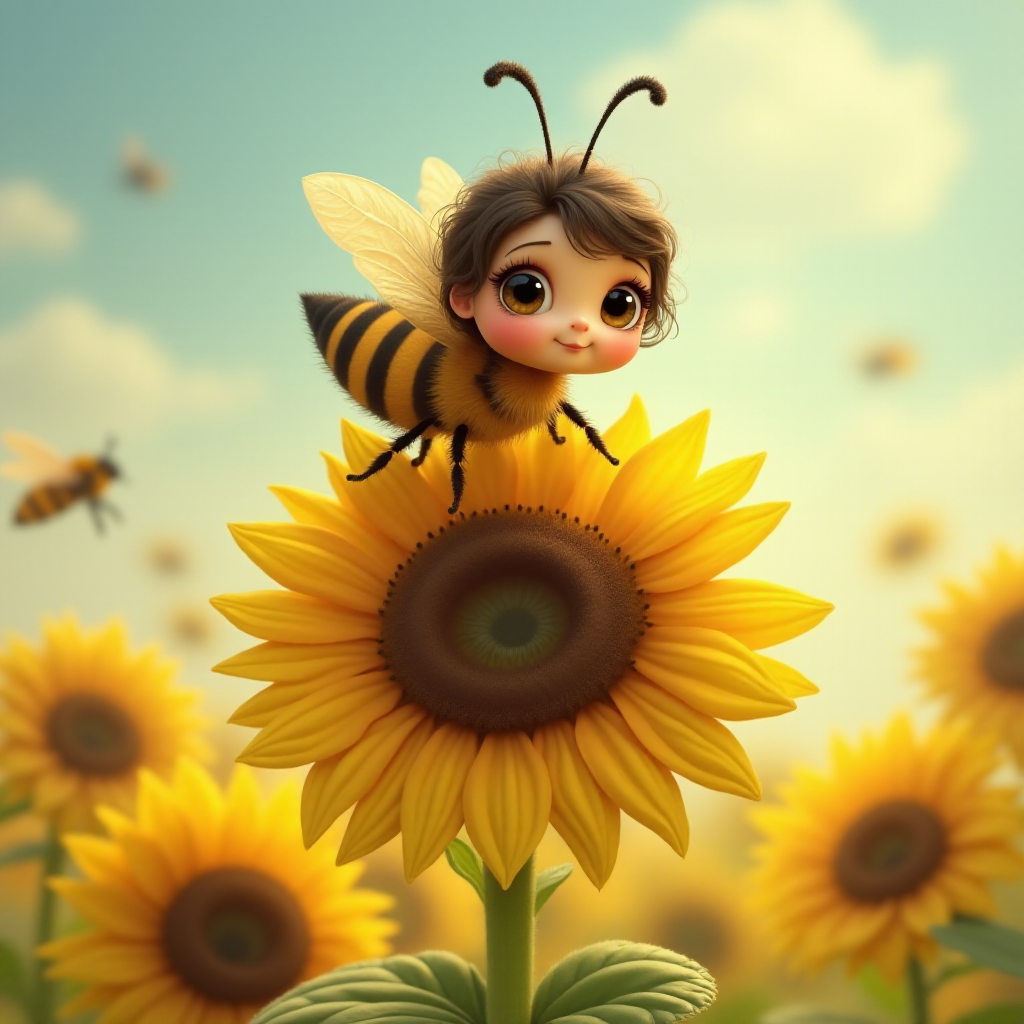 a whimsical cute girl with big eyes, big hair and flowing dress, riding astride a bumble bee, and flying across the top of the sunflower, which are just waking up, and catching dew drop of rain