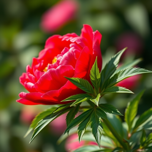 Generate a high-resolution image of a blooming red peony with detailed green leaves in a soft-focus background; use a DSLR camera with a 50mm lens at f/2.8 for shallow depth of field, ISO 100, and natural light to create vibrant colors and sharp details.