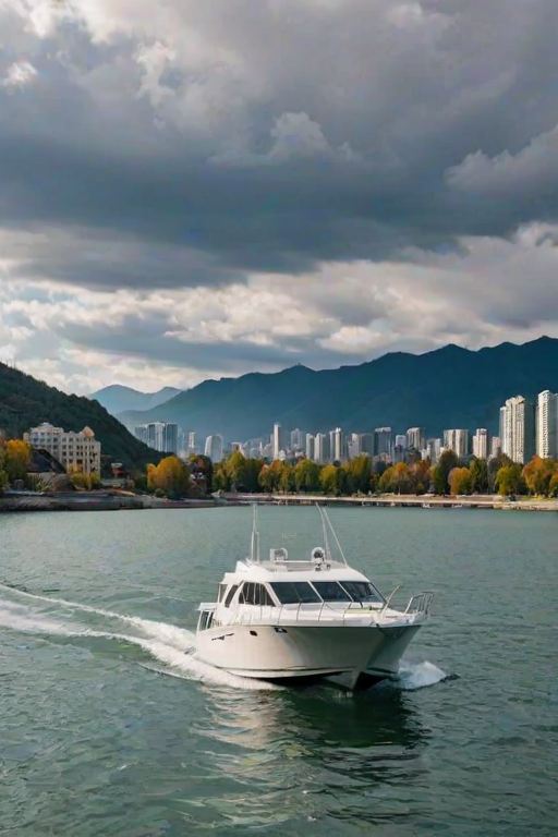 a scenic view of a modern boat on water with a mountainous backdrop and city buildings along the shore under a partly cloudy sky
