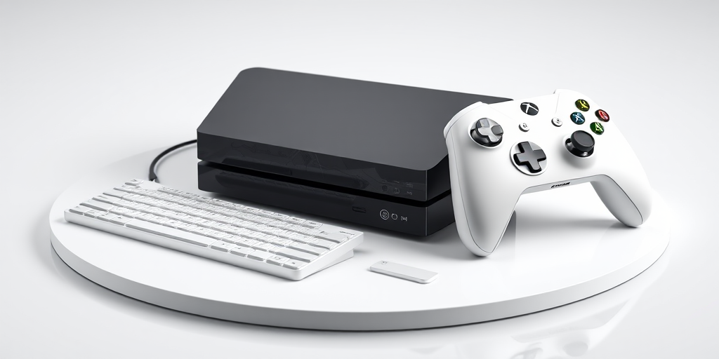Create a hyper-realistic 3D rendering of a sleek gaming console, a modern wireless keyboard, and a white gaming controller, with a soft reflective surface, using a Canon EOS R5 camera, 50mm lens at f/1.8 aperture, ISO 100, and a softbox for even lighting.