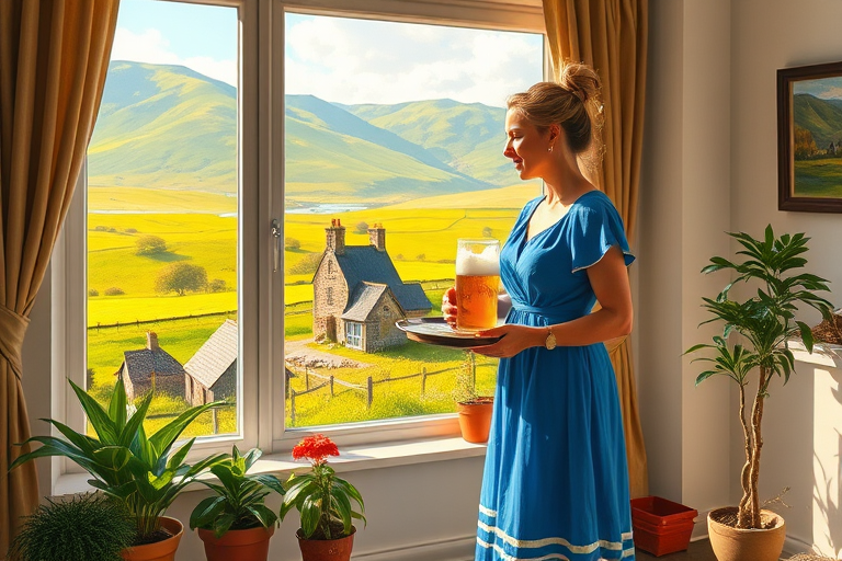 In "A Glass of Beer on the Highland," a serene scene is depicted in a sunlit room where a woman in a vibrant blue dress stands by a large window. She holds a tray with a hearty meal and a frothy glass of beer, embodying a moment of relaxation. Outside, the breathtaking highland landscape features rolling green hills and a charming traditional house, all bathed in warm afternoon light. The interior is adorned with potted plants, creating a harmonious blend of comfort and nature. The painting beautifully captures the tranquility and joy found in simple pleasures amidst stunning scenery