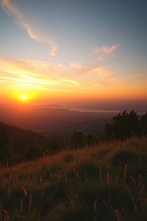 Create a high-resolution image of a serene landscape at sunset, using a Canon EOS R5 with a 24-70mm f/2.8 lens, set to ISO 100, aperture f/8, shutter speed 1/125 sec, capturing a wide-angle view with vibrant colors and soft lighting for a cinematic effect.