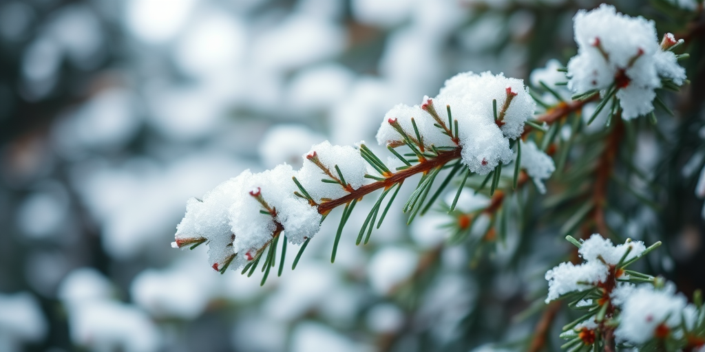 Capture a close-up shot of snow-covered evergreen branches with soft bokeh in the background, use a DSLR camera with a 50mm lens, set aperture to f/2.8, ISO 200, and shutter speed of 1/500s for enhanced clarity and light warmth.
