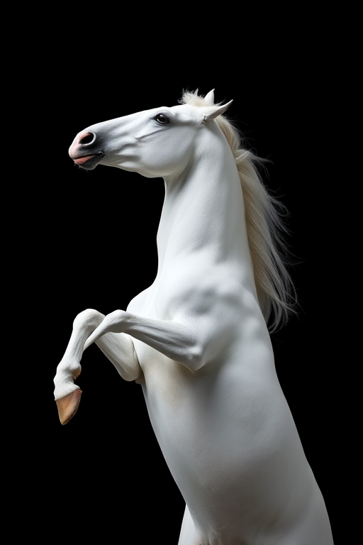 A majestic white horse rearing up against a black background, captured with a Canon EOS R5, 85mm f/1.2 lens, ISO 100, shutter speed 1/200s, soft studio lighting for enhanced details and contrast.