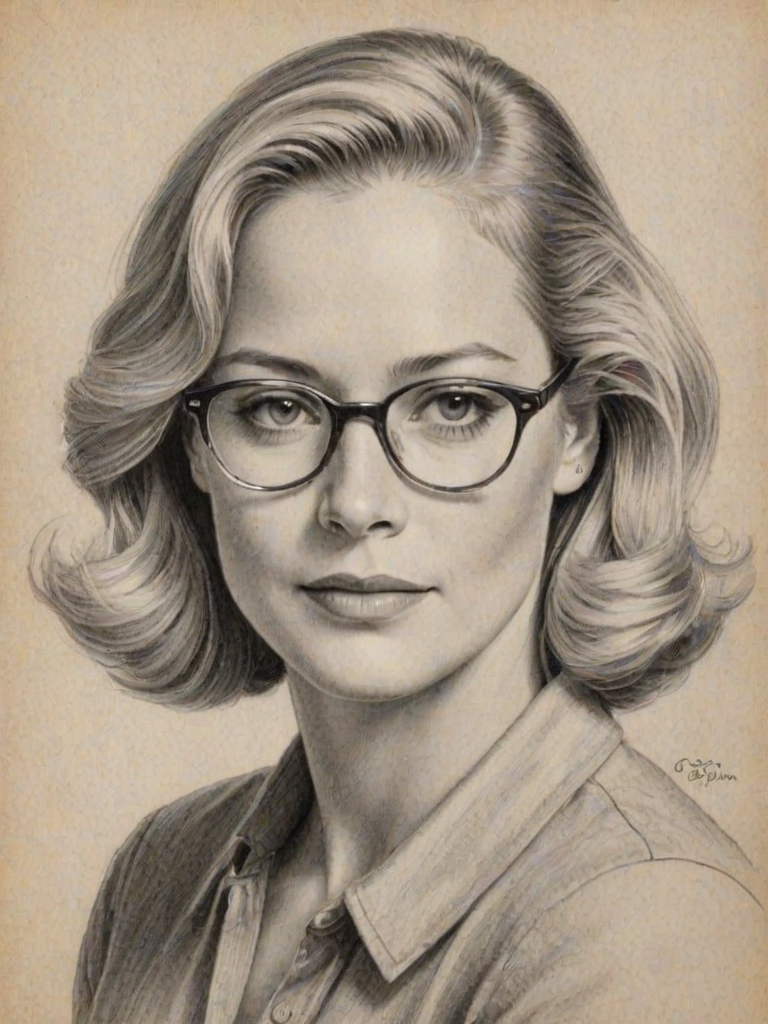 Charming Cybill Shepherd, pencil sketch, portrait of Fascinating woman 1936s in glasses, hair style beatnik, outline, clear lines, fine lines, 8k