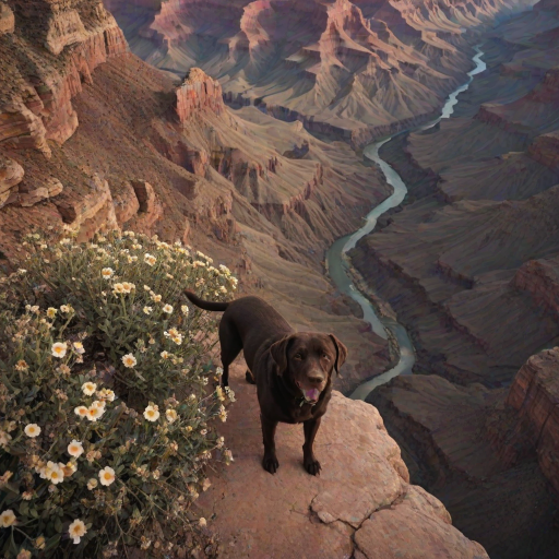 dark and unsettling dream showing in Grand Canyon, USA, Overhead View, sage and brown Labrador Retriever is esthetic, captivating spring bloom on the background , avatar of elements. magical surrealism, wizardry. best quality, high resolution (embedding:dw01-3400:0.8) <lora:F_QuinnXL:0.8>