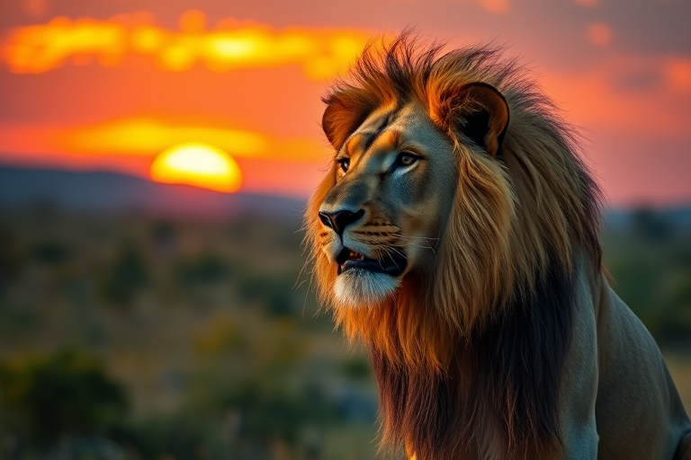 Create an image of a majestic lion with a vibrant sunset background, using a Canon EOS R5, 85mm lens, f/1.8 aperture, ISO 200, and a shallow depth of field to enhance details and colors.